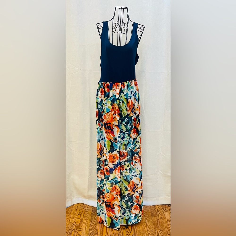 Blue and multi color sleeveless maxi dress.